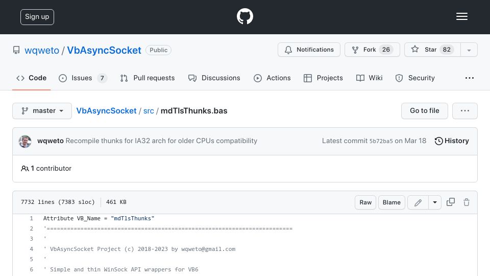 Screenshot of github.com: A TLS 1.3 stack written in Visual Basic 6