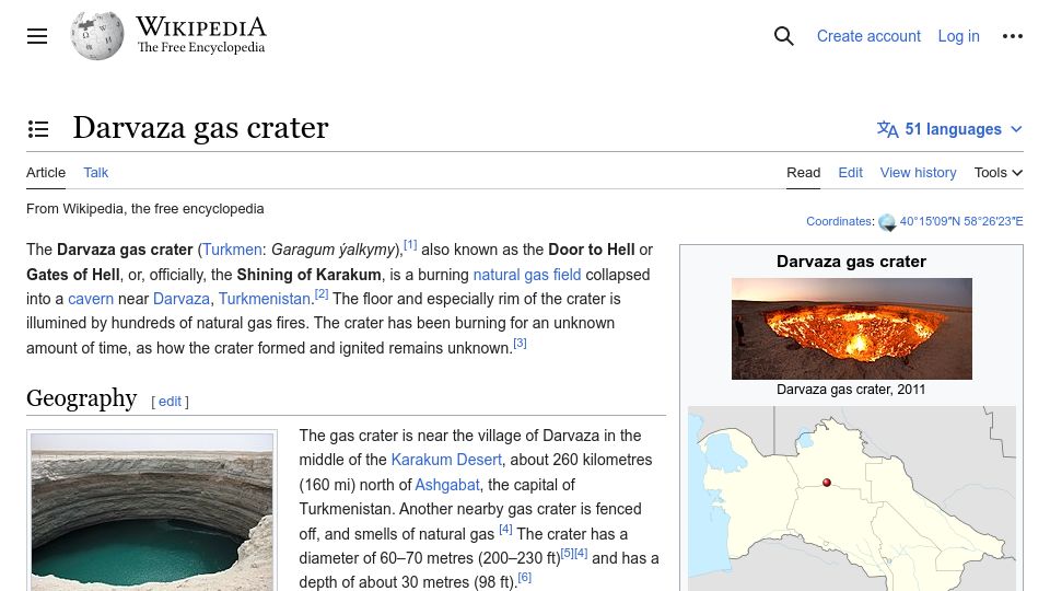 Screenshot of en.wikipedia.org: Darvaza Gas Crater