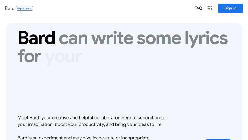 Screenshot of bard.google.com: Bard now open to use