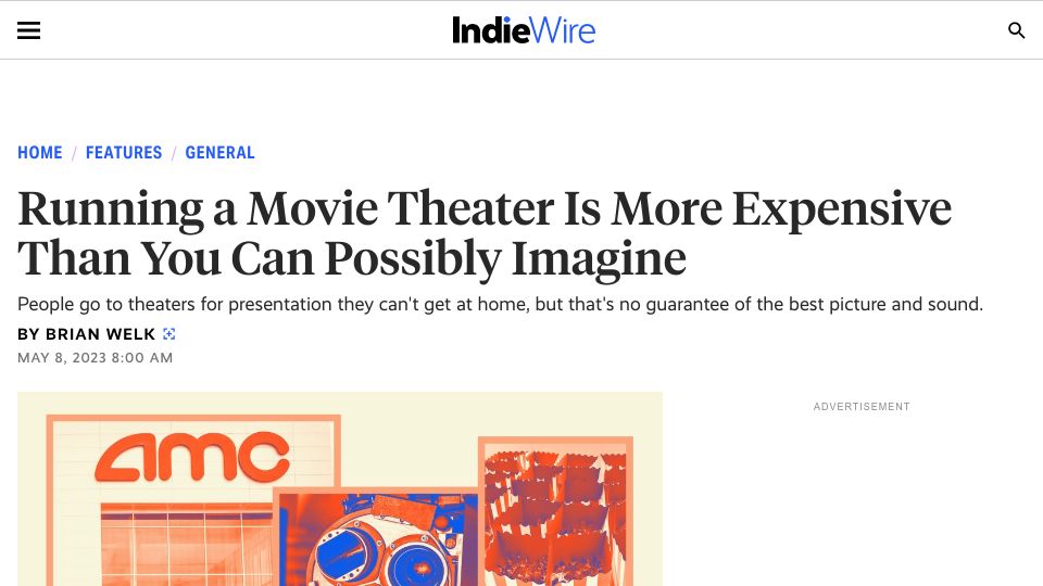 Screenshot of indiewire.com: Running a movie theater is more expensive than you can possibly imagine
