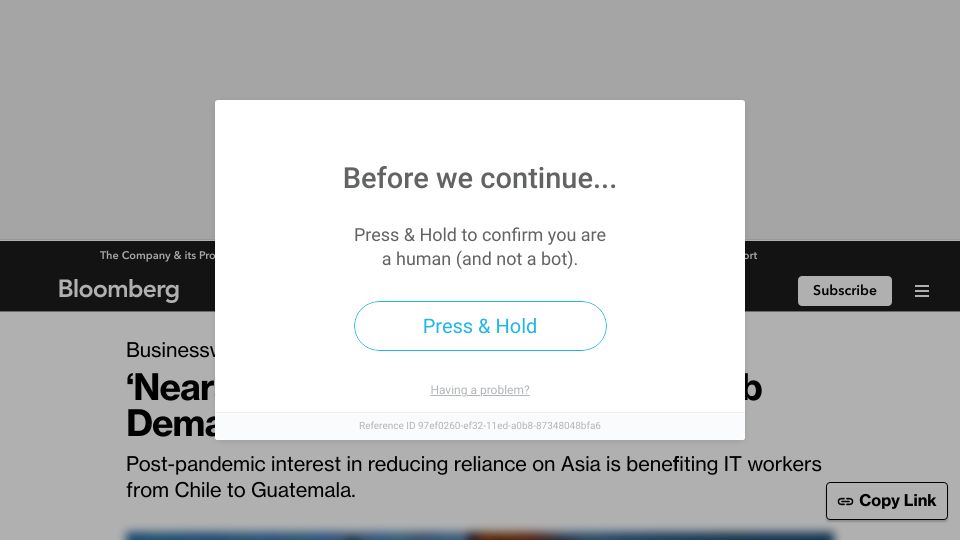Screenshot of bloomberg.com: ‘Nearshoring’ Push Is Fueling Tech Job Demand in Latin America