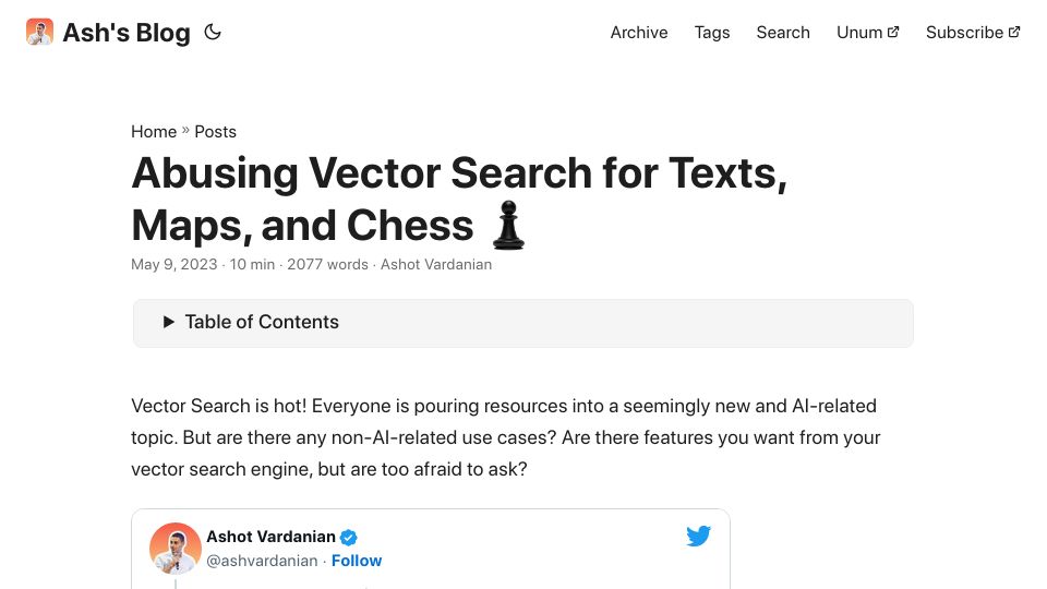 Screenshot of ashvardanian.com: Abusing vector search for texts, maps, and chess