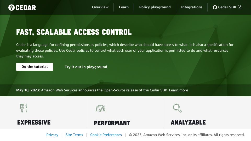 Screenshot of cedarpolicy.com: Cedar policy language is now open source