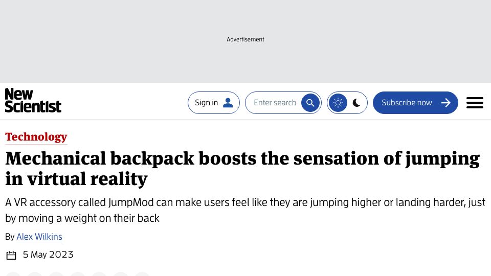 Screenshot of newscientist.com: Mechanical backpack boosts the sensation of jumping in virtual reality
