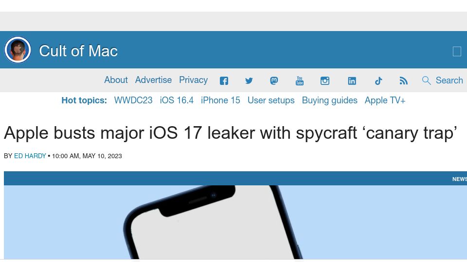 Screenshot of cultofmac.com: Apple busts iOS 17 leaker with spycraft ‘canary trap’