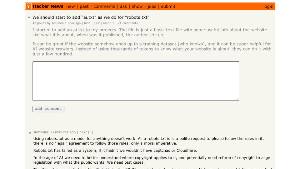 Screenshot of Hacker News post: Tell HN: We should start to add “ai.txt” as we do for “robots.txt”