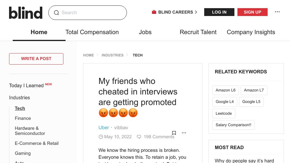 Screenshot of teamblind.com: My friends who cheated in interviews are getting promoted (2022)