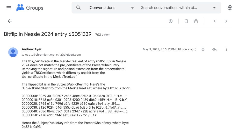 Screenshot of groups.google.com: Random bit-flip invalidates certificate transparency log – again?