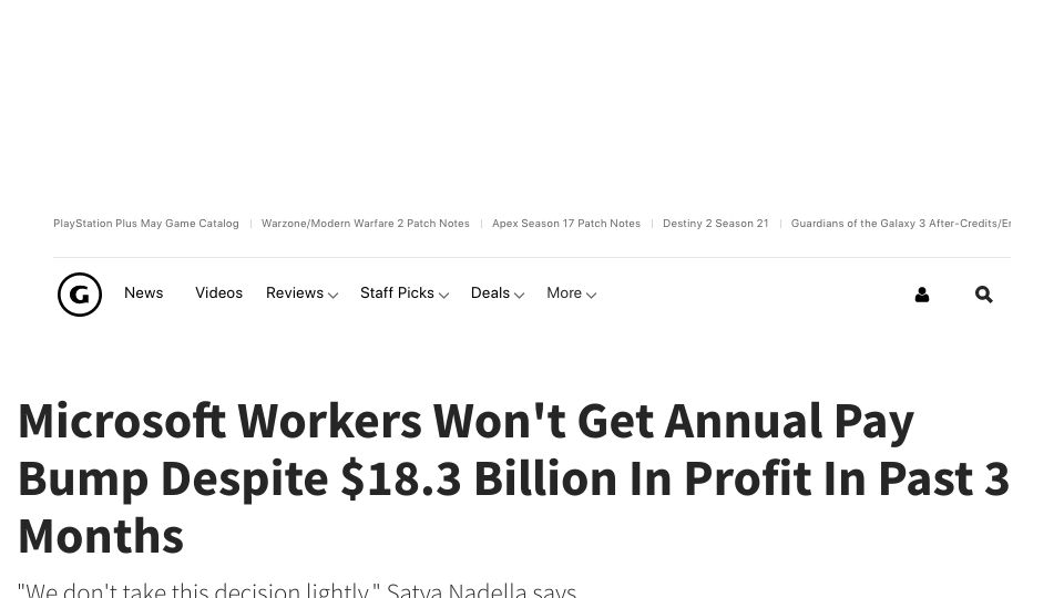 Screenshot of gamespot.com: Microsoft Workers Won't Get Annual Pay Bump Despite $18.3B in Profit