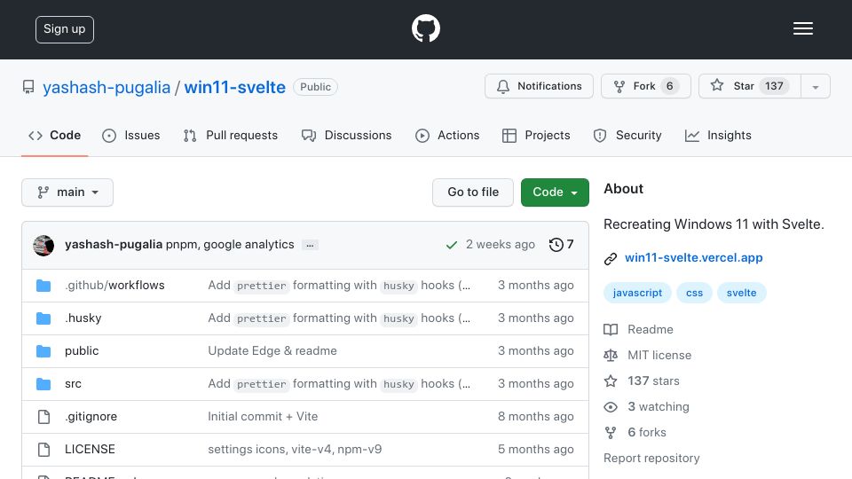Screenshot of github.com: Windows 11 in Svelte