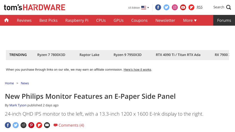 Screenshot of tomshardware.com: New Philips Monitor Features an E-Paper Side Panel