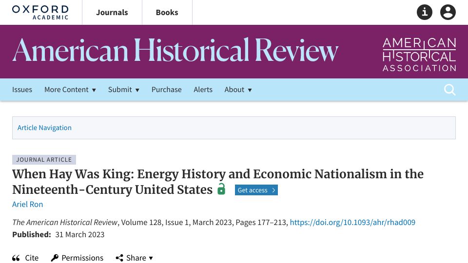 Screenshot of academic.oup.com: When Hay Was King: Energy History and Economic Nationalism in the 19th C. USA