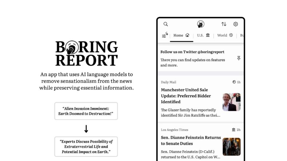 Screenshot of boringreport.org: Show HN: Boring Report, a news app that uses AI to desensationalize the news