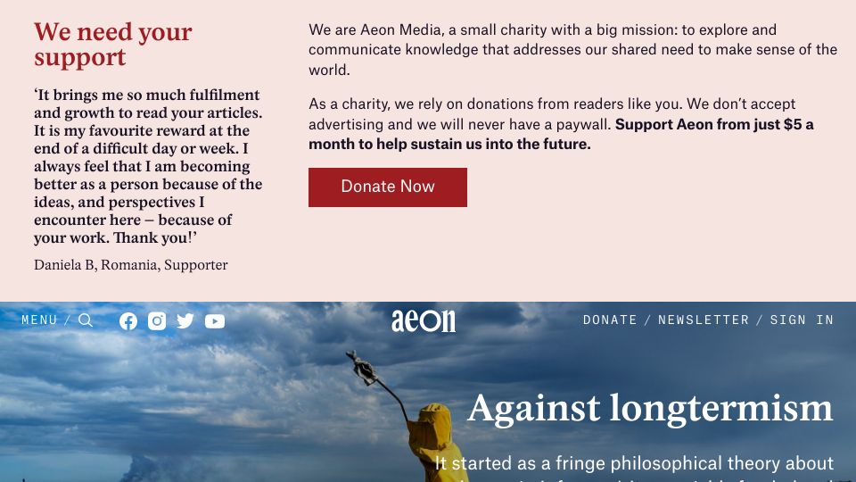 Screenshot of aeon.co: Against longtermism (2021)