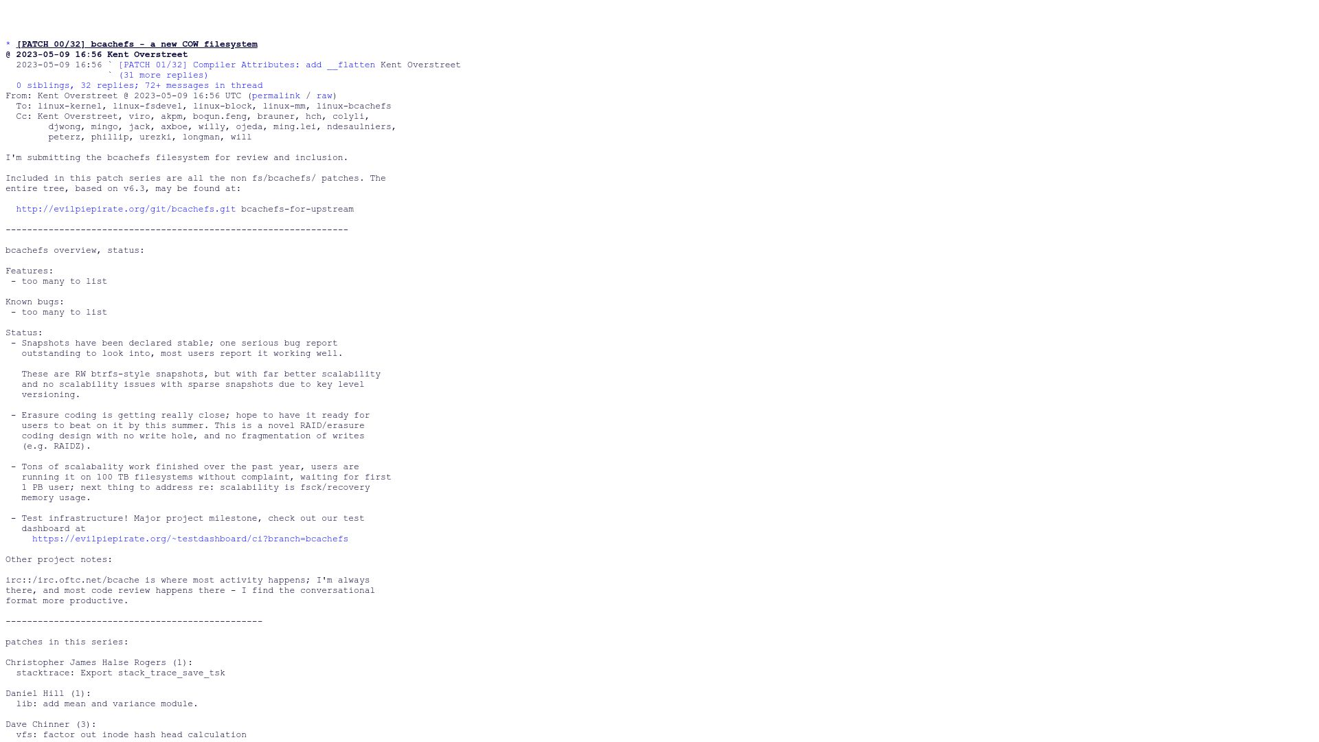Screenshot of lore.kernel.org: Bcachefs – A New COW Filesystem
