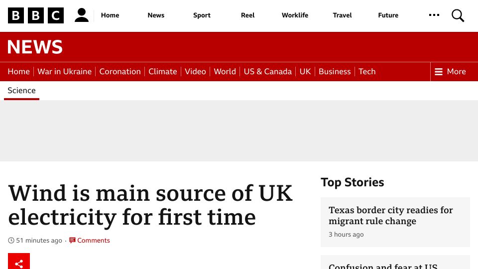 Screenshot of bbc.co.uk: Wind is main source of UK electricity for first time