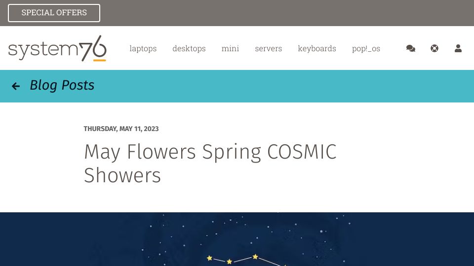 Screenshot of blog.system76.com: May Flowers Spring COSMIC Showers