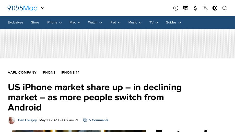 Screenshot of 9to5mac.com: US iPhone market share up, in declining market, as people switch from Android