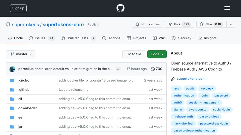 Screenshot of github.com: Supertokens: Open-Source Alternative to Auth0 / Firebase Auth / AWS Cognito