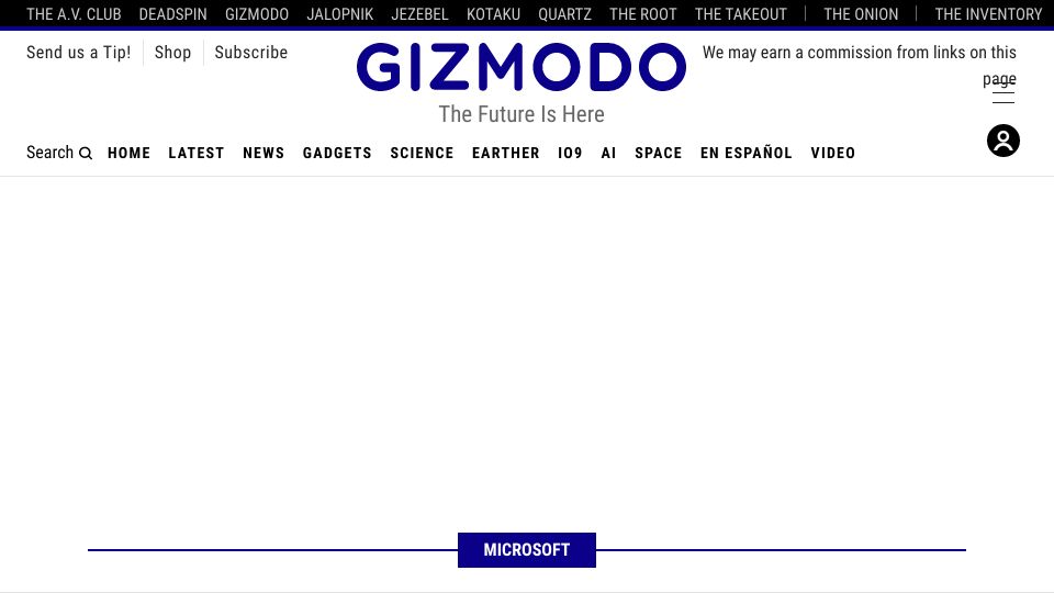 Screenshot of gizmodo.com: Microsoft's CEO Says No Raises for Full-Time Employees This Year