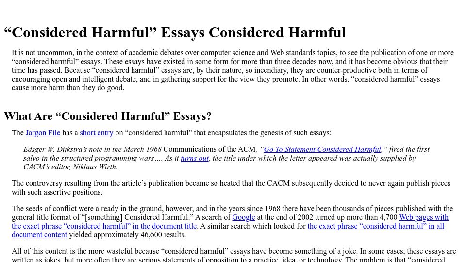 Screenshot of meyerweb.com: “Considered Harmful” Essays Considered Harmful (2002)