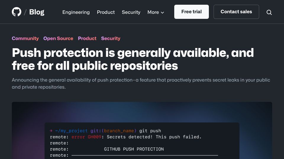 Screenshot of github.blog: GitHub push protection is free for all public repositories