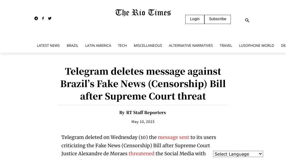 Screenshot of riotimesonline.com: Telegram deletes message against Brazil’s Bill after Supreme Court threat
