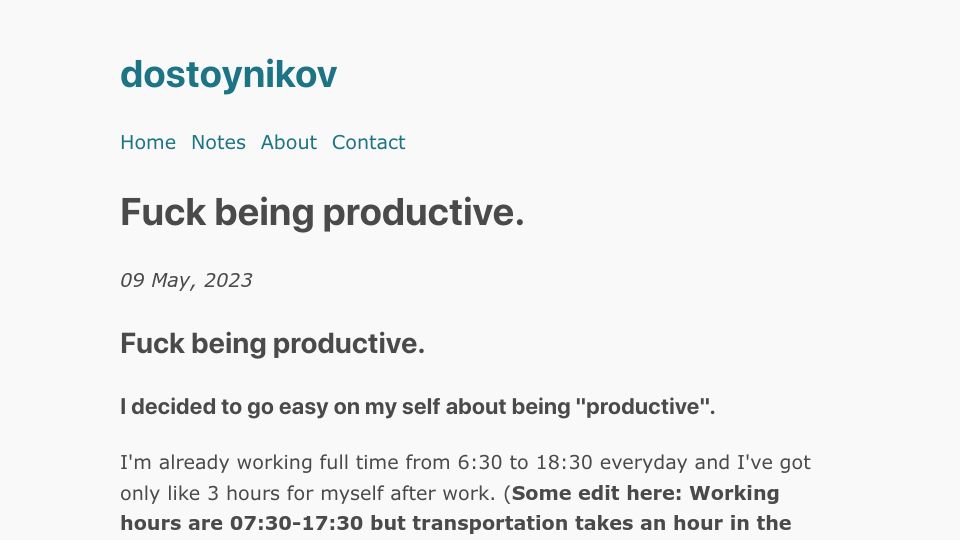 Screenshot of dostoynikov.bearblog.dev: Fuck being productive