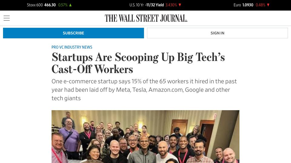 Screenshot of wsj.com: Startups Are Scooping Up Big Tech’s Cast-Off Workers