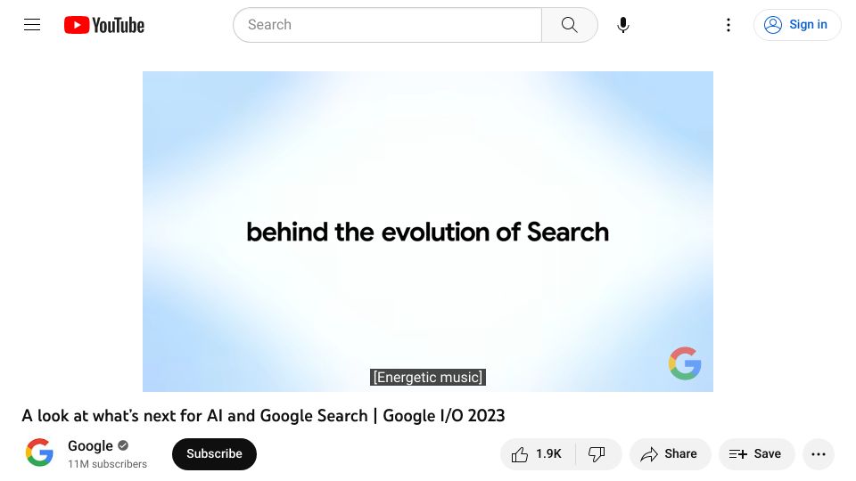 Screenshot of youtube.com: A look at what’s next for AI and Google Search [video]