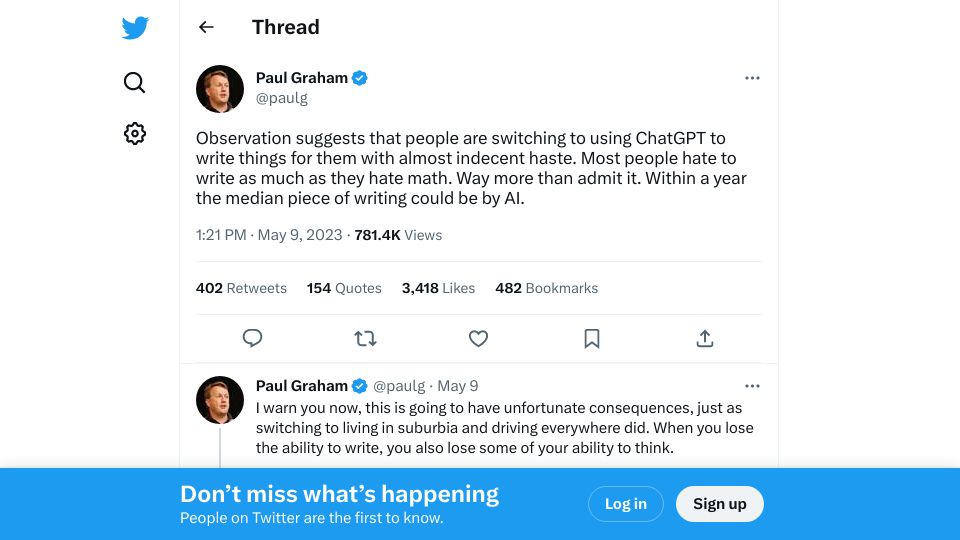 Screenshot of twitter.com: When you lose the ability to write, you also lose some of your ability to think