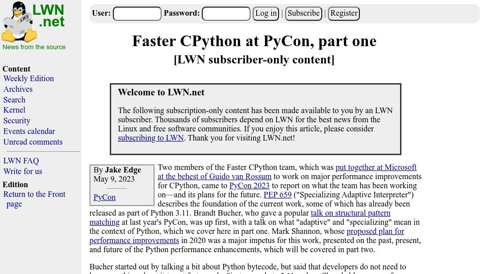 Screenshot of lwn.net: Faster CPython at PyCon, part one