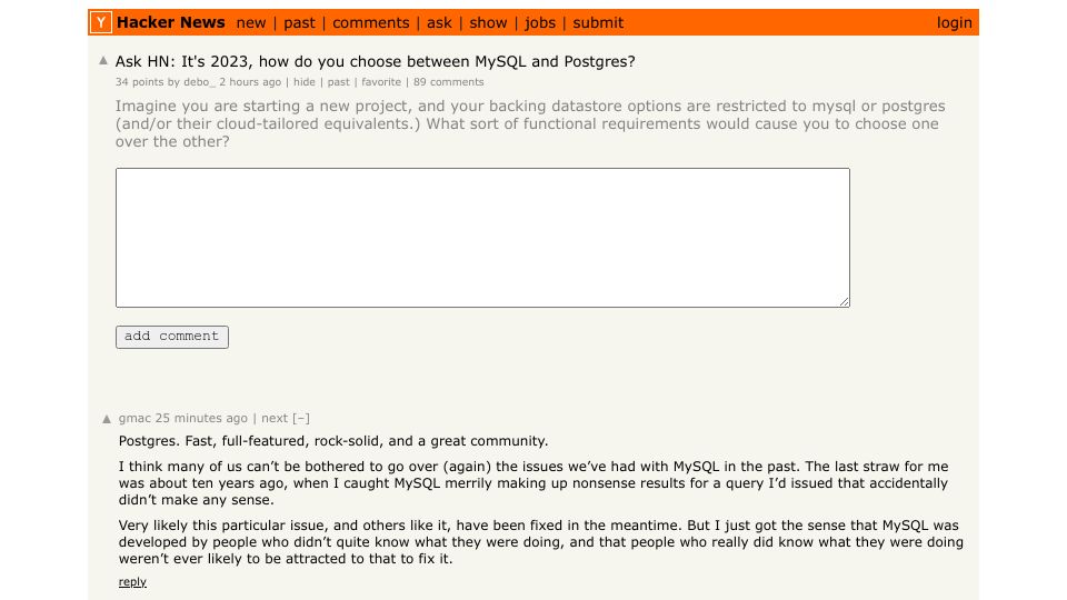 Screenshot of Hacker News post: Ask HN: It's 2023, how do you choose between MySQL and Postgres?