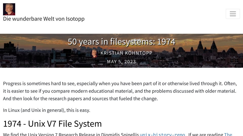 Screenshot of blog.koehntopp.info: 50 Years in Filesystems: 1974 Unix V7