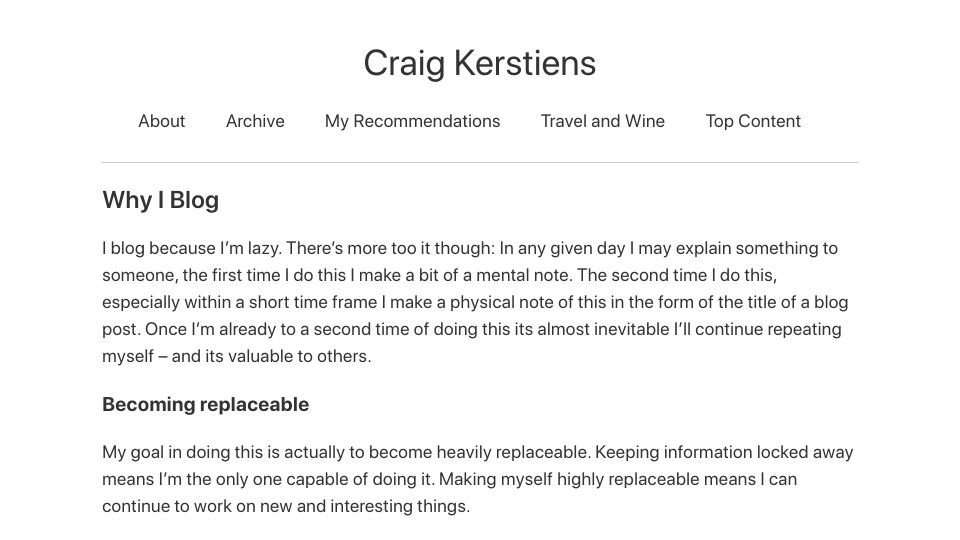 Screenshot of craigkerstiens.com: Why I Blog