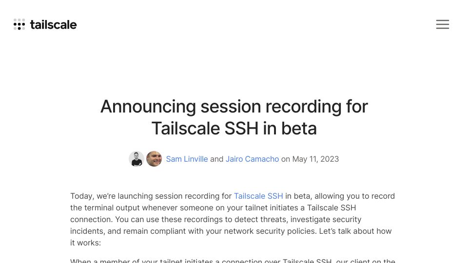 Screenshot of tailscale.com: Session recording for Tailscale SSH in beta