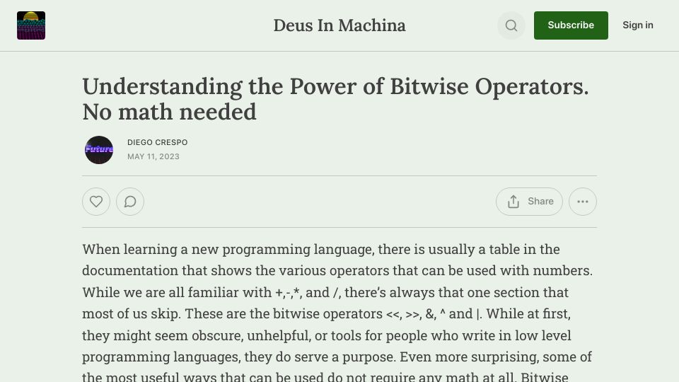 Screenshot of deusinmachina.net: Understanding the power of bitwise operators