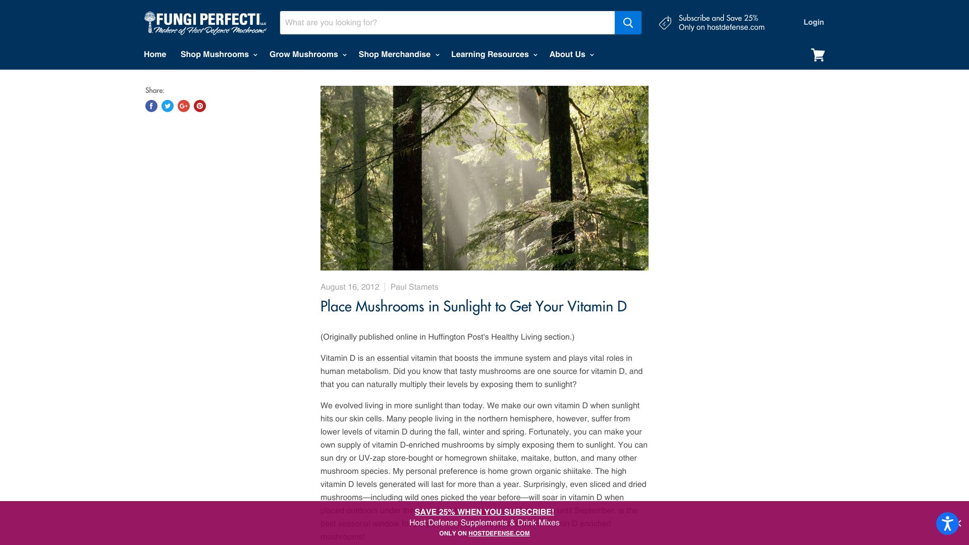 Screenshot of fungi.com: Place mushrooms in sunlight to get your vitamin D (2012)