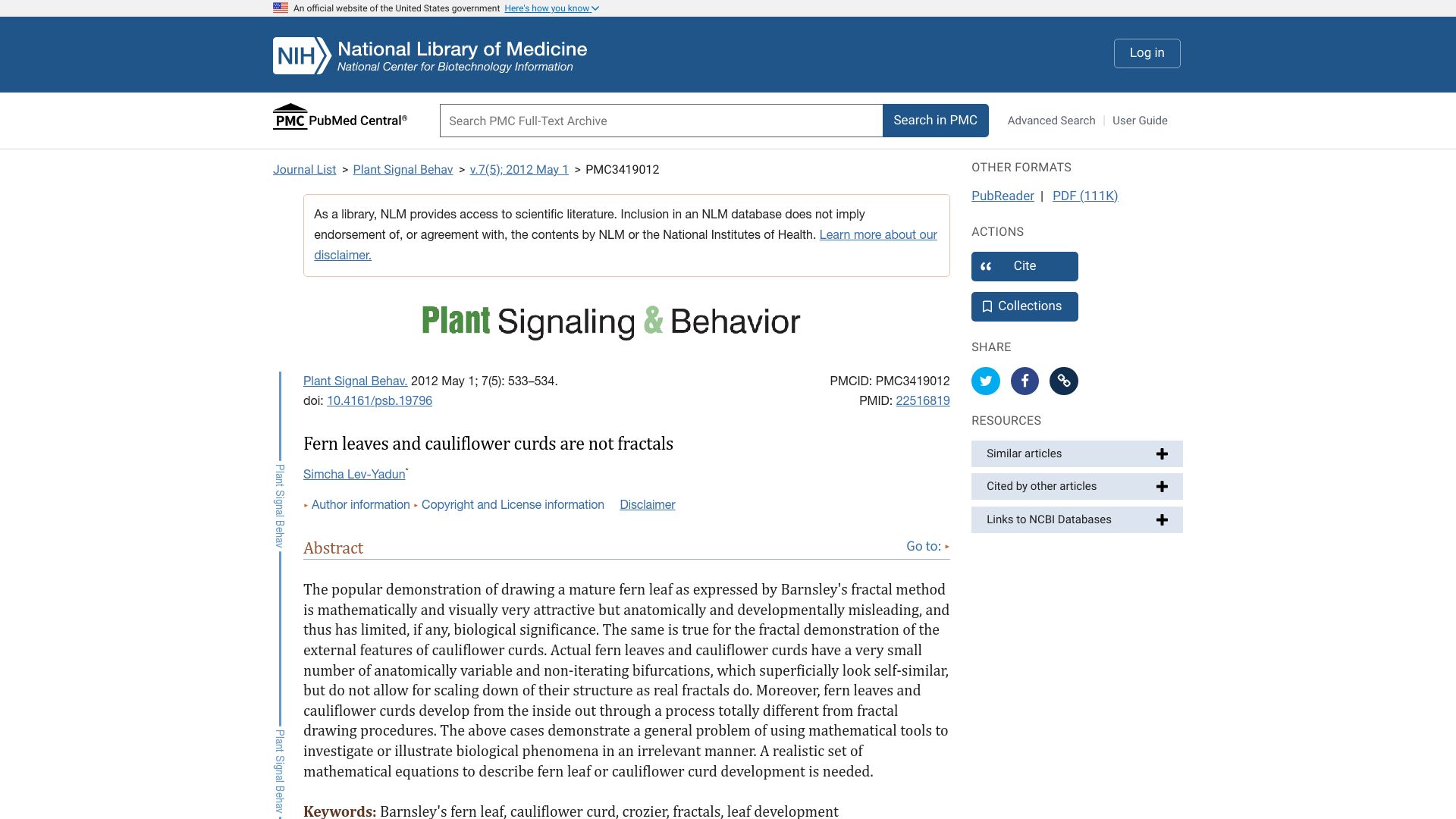 Screenshot of ncbi.nlm.nih.gov: Fern leaves and cauliflower curds are not fractals (2012)