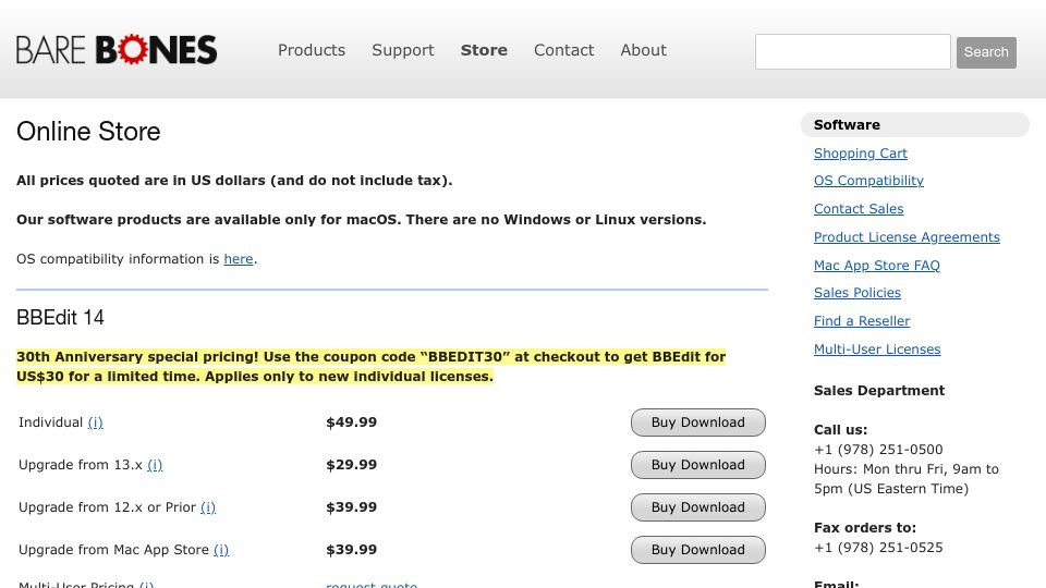 Screenshot of barebones.com: BBEdit is 31 years old