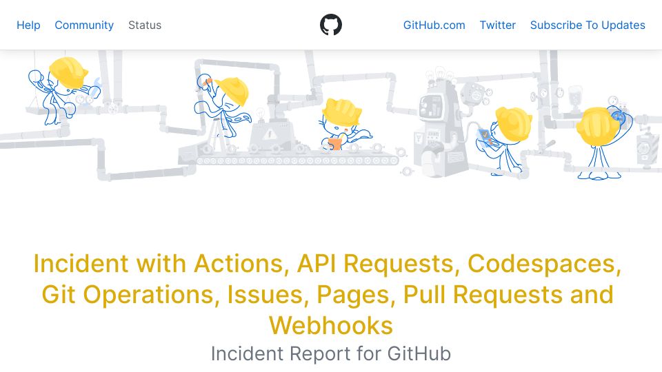 Screenshot of githubstatus.com: Incident with Issues and Pull Requests