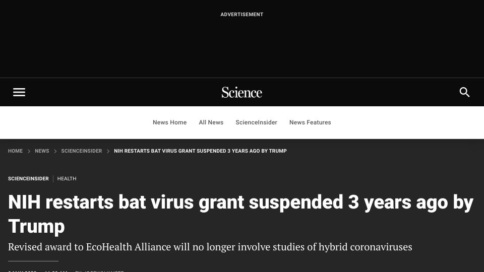 Screenshot of science.org: NIH restarts bat virus grant