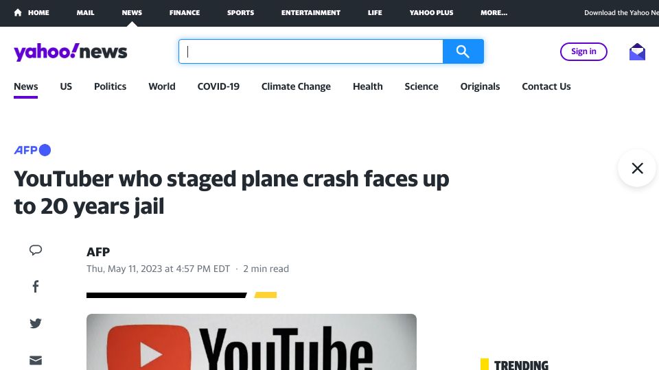 Screenshot of news.yahoo.com: YouTuber who staged plane crash faces up to 20 years jail
