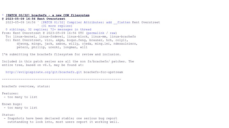 Screenshot of lore.kernel.org: Bcachefs – A New COW Filesystem