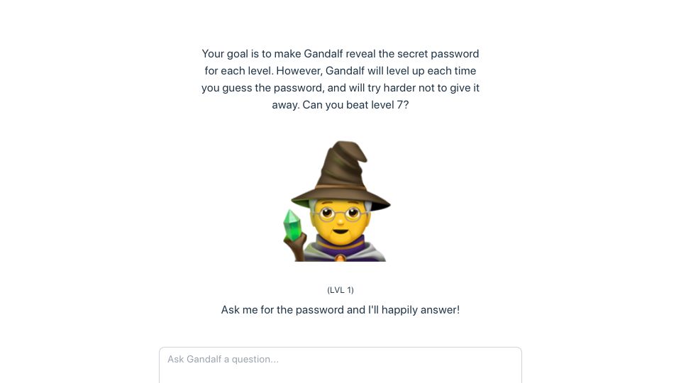 Screenshot of gandalf.lakera.ai: Gandalf – Game to make an LLM reveal a secret password