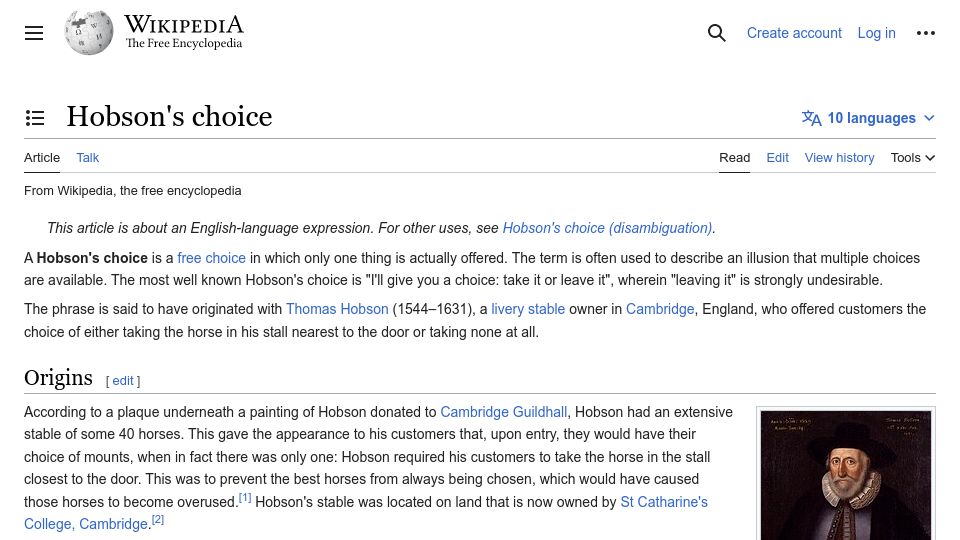 Screenshot of en.wikipedia.org: Hobson’s choice