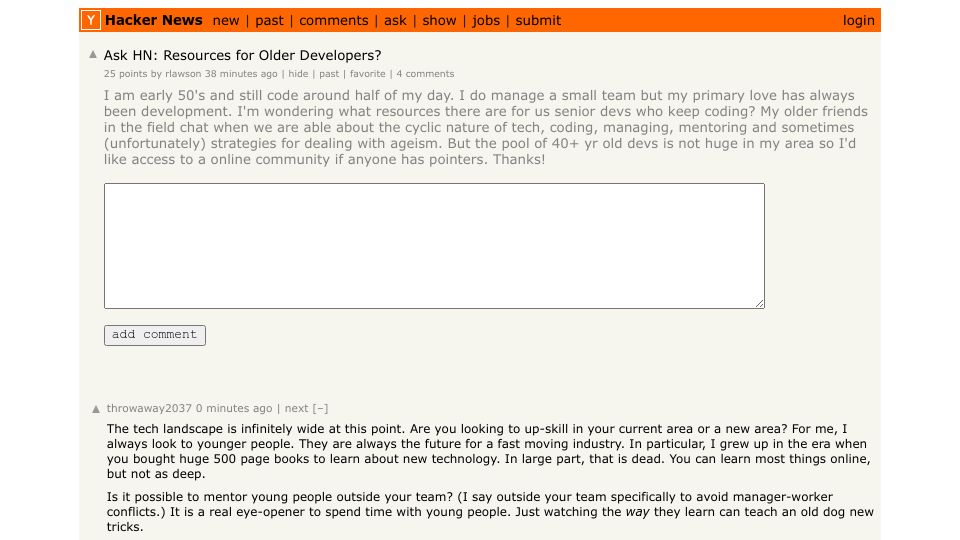 Screenshot of Hacker News post: Ask HN: Resources for older developers?