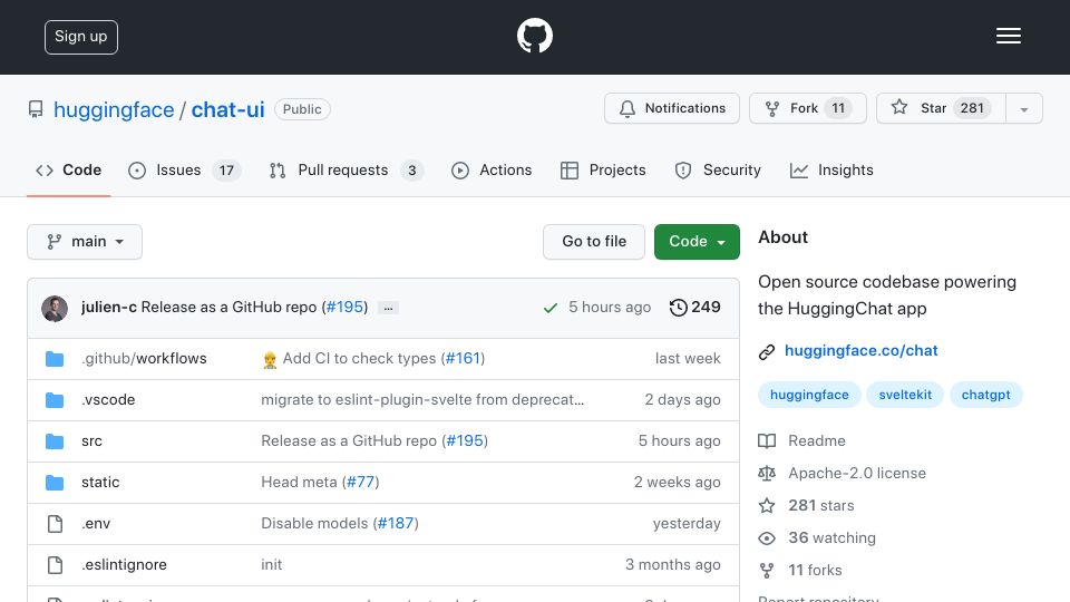 Screenshot of github.com: Chat-UI, the codebase of HuggingChat, is open sourced
