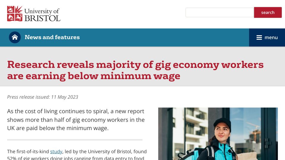 Screenshot of bristol.ac.uk: Majority of gig economy workers are earning below minimum wage: research