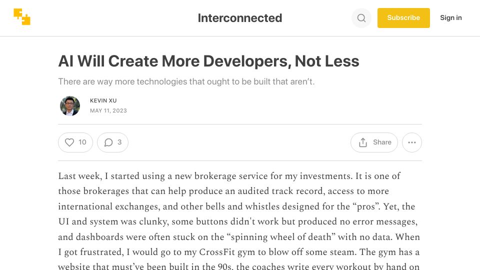 Screenshot of interconnect.substack.com: AI Will Create More Developers, Not Less